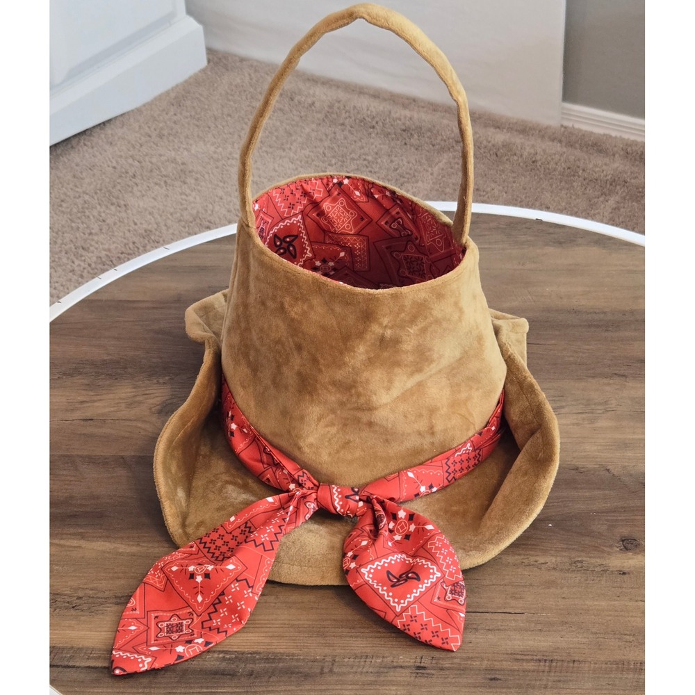 Tan Plush Cowboy Hat Basket Red Bandana Paisley Lining Western Costume Accessory